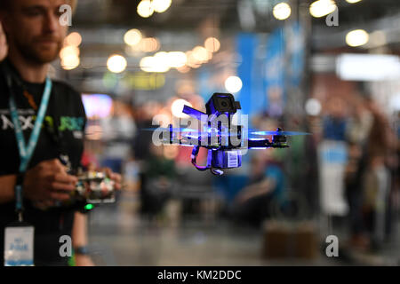 Berlin, Germany. 02nd Dec, 2017. A race drone photographed in the racetrack during the Drone Champions League (DCL) in Berlin, Germany, 02 December 2017. Credit: Maurizio Gambarini/dpa/Alamy Live News Stock Photo