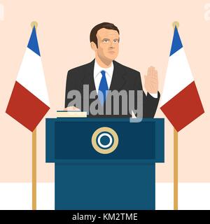02.12.2017 Editorial illustration of the President of France Emmanuel Macron that is taking an oath on French flag background. Stock Vector