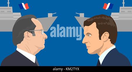 02.12.2017 Editorial illiustration of the French Republic President Emmanuel Macron and the French Republic ex-president Francois Hollande on military Stock Vector