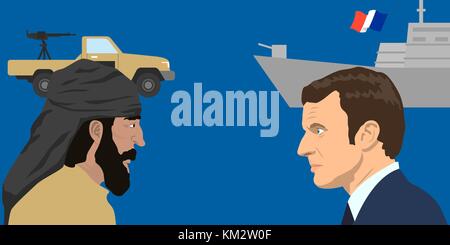 02.12.2017 Editorial illiustration of the French Republic President Emmanuel Macron and the representative of the Middle East on military forces backg Stock Vector