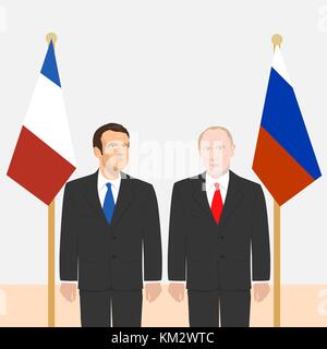 03.12.2017 Editorial illustration of the President of France Emmanuel Macron and the Russian Federation President Vladimir Putin on flags background. Stock Vector