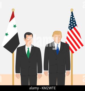 03.12.2017 Editorial illustration of the President of Syria Bashar Al-Assad and the USA President Donald Trump on flags background. Stock Vector