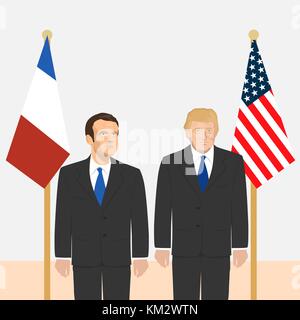 03.12.2017 Editorial illustration of the President of France Emmanuel Macron and the USA President Donald Trump on countries flags background. Stock Vector