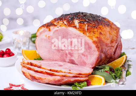 Christmas Roasted glazed holiday pork ham Stock Photo