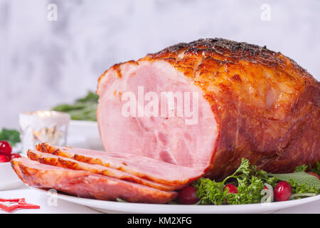 Christmas Roasted glazed holiday pork ham Stock Photo