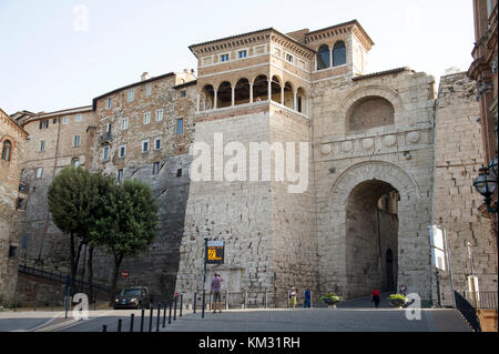 Monumental Etruscan Arch from III-century BC restored by Augustus in I-century BC and now called Augustan Arch (Arch of Augustus) is one of the seven  Stock Photo