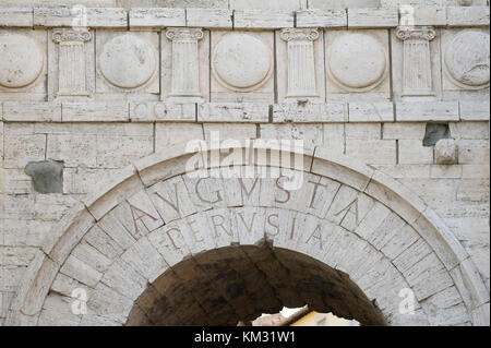 Monumental Etruscan Arch from III-century BC restored by Augustus in I-century BC and now called Augustan Arch (Arch of Augustus) is one of the seven  Stock Photo