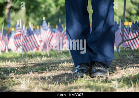 Honor guard standing watch over a field of American flags honoring the US military Stock Photo