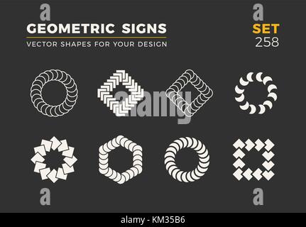 Set of eight minimalistic trendy shapes. Stylish vector logo emblems for Your design. Simple universal geometric signs collection. Stock Vector
