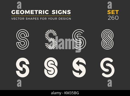 Set of eight minimalistic trendy shapes. Stylish vector logo emblems for Your design. Simple universal geometric signs collection. Stock Vector