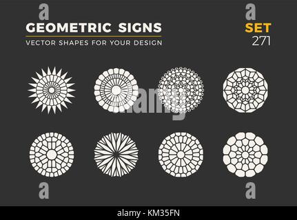 Set of eight minimalistic trendy shapes. Stylish vector logo emblems for Your design. Simple universal geometric signs collection. Stock Vector