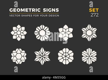Set of eight minimalistic trendy shapes. Stylish vector logo emblems for Your design. Simple universal geometric signs collection. Stock Vector
