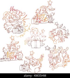 Set of yellow dog for New Year 2018, cute symbol of horoscope. Cute puppys in cartoon doodle style. Stock Vector