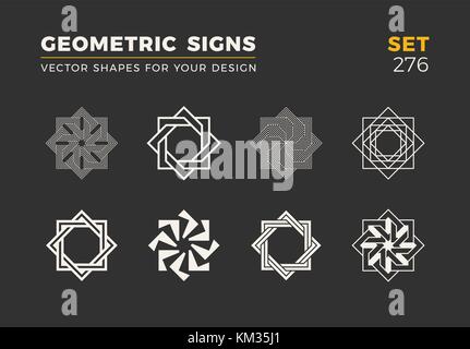Set of eight minimalistic trendy shapes. Stylish vector logo emblems for Your design. Simple universal geometric signs collection. Stock Vector