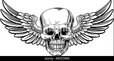 Winged Skull Vintage Woodcut Etched Style Stock Vector