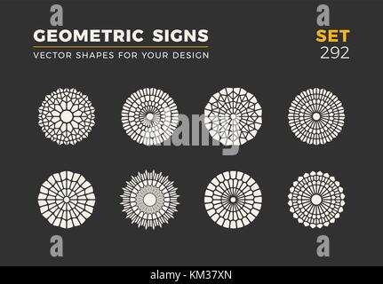 Set of eight minimalistic trendy shapes. Stylish vector logo emblems for Your design. Simple universal geometric signs collection. Stock Vector