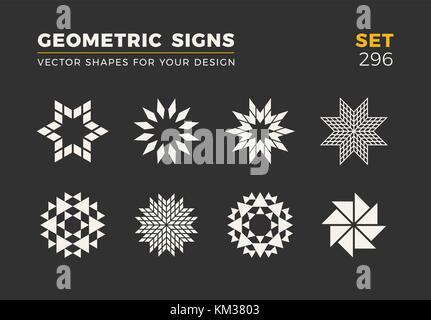 Set of eight minimalistic trendy shapes. Stylish vector logo emblems for Your design. Simple universal geometric signs collection. Stock Vector