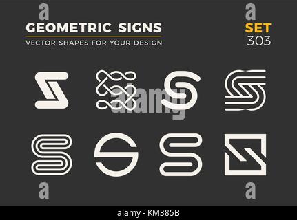 Set of eight minimalistic trendy shapes. Stylish vector logo emblems for Your design. Simple universal geometric signs collection. Stock Vector