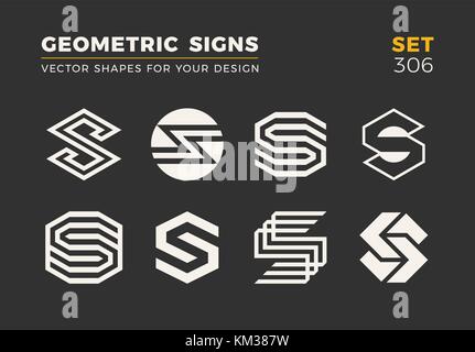 Set of eight minimalistic trendy shapes. Stylish vector logo emblems for Your design. Simple universal geometric signs collection. Stock Vector