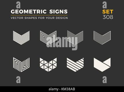 Set of eight minimalistic trendy shapes. Stylish vector logo emblems for Your design. Simple universal geometric signs collection. Stock Vector