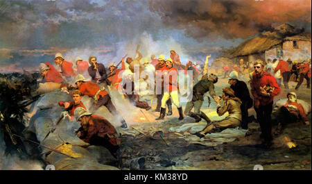 The Defence of Rorke's Drift by Lady Butler (1880). Among those depicted are Lieutenants Chard and Bromhead (centre) commanding the battle, Private Hitch (right, standing) handing out ammunition while wounded, and Surgeon Reynolds and Storekeeper Byrne tending to the wounded Corporal Scammell (Reynolds kneeling; Byrne falling, shot). Stock Photo