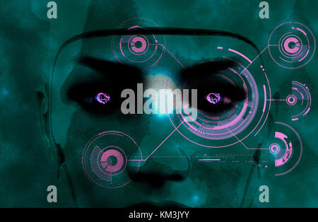 Dark female robot face - 3d rendering Stock Photo