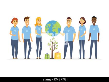 Happy eco volunteers - cartoon people characters isolated illustration on white background. International men and women in blue T-shirts stand togethe Stock Vector