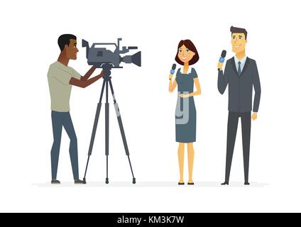 TV presenters - cartoon people characters illustration isolated on white background. Young good-looking smiling reporters holding microphones and a ca Stock Vector