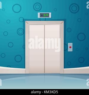 Cartoon elevator with red button. Stock Vector