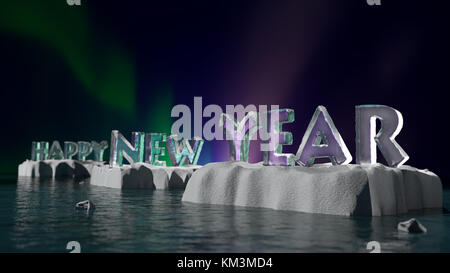 3D rendering of Icy Happy New Year words placed on ice floes floating on sea surface against Aurora Borealis sky Stock Photo