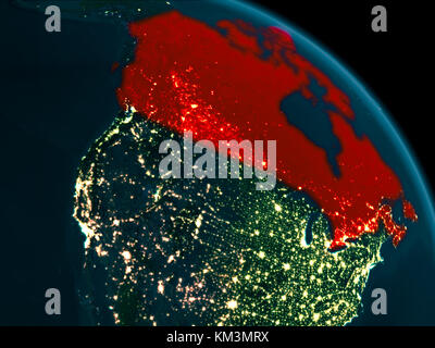 Satellite night view of Canada highlighted in red on planet Earth with