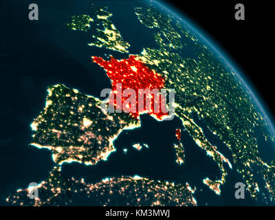 Orbit view of France at night highlighted in red on planet Earth with highly detailed surface textures. 3D illustration. Elements of this image furnis Stock Photo