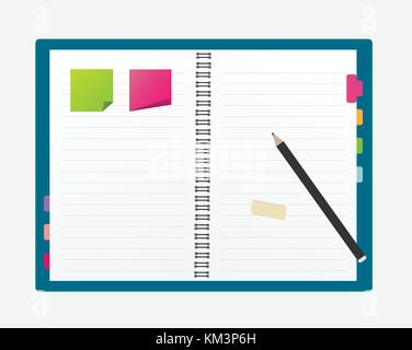 Open blank note book with some stickies and pencil isolated on a white background - Vector illustration. Stock Vector