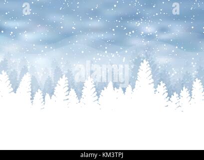 Christmas winter on blue background. White snow with snowflakes on silver bright light. Christmas tree. Vector illustration Stock Vector