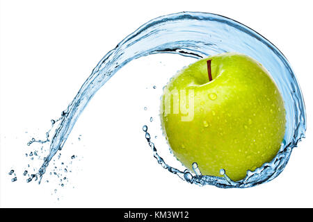 Green apple in water splash isolated on the white background. Stock Photo