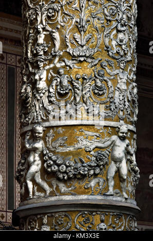 The Palazzo Vecchio in the 'Piazza della Signora' Florence Tuscany Italy - First courtyard with Putto with Dolphin by Verrocchio in the middle, and frescoes of Austrian cities on the wall by Vasari ( Town hall of Florence ) Italy Italian Stock Photo