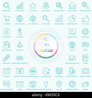 Set of Universal SEO Search Engine Optimisation Line Icons. Web, Blog And Social Media Buttons. Vector Illusitration Isolated On Background. Stock Vector