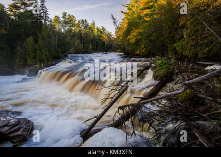 Upper Peninsula Waterfall. Scenic Lower Tahquamenon Falls rushes through the wilderness forest of the Upper Peninsula in Michigan. Stock Photo