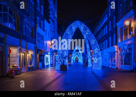 LONDON, UK - DECEMBER 2nd 2017: Christmas decorations in South Molton Street, Mayfair area in London. The car-free shopping street is decorated with s Stock Photo