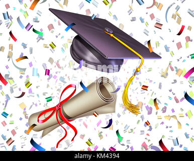 Graduation education celebration ceremony as a mortar board or graduate cap and diploma being tossed up in the air with party confetti. Stock Photo