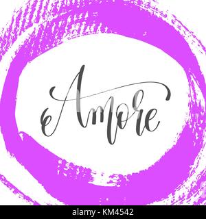 amore - hand lettering poster on pink brush stroke pattern Stock Vector