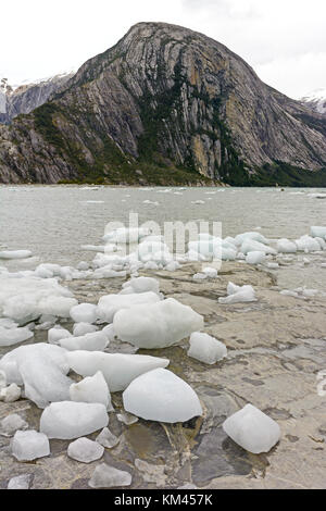 Ice Bergs on a Remote Shore near the Pia Glacier in Tierra del Fuego in Chile Stock Photo