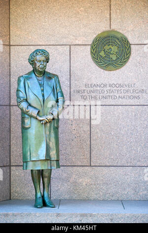 Statue of Eleanor Roosevelt with UN seal in the background, Franklin Delano Roosevelt Memorial, West Potomac Park, Washington, D.C., USA. Stock Photo