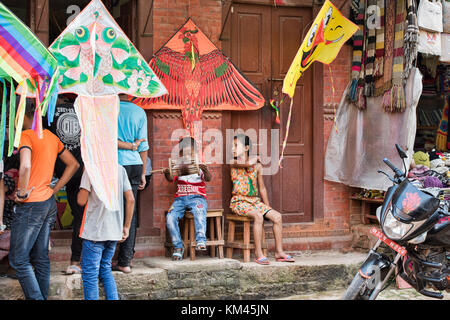 Children at a kite shop, Bhaktapur, Nepal Stock Photo