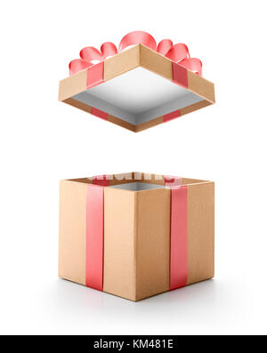 Brown open gift box with red bow isolated on white background Stock Photo