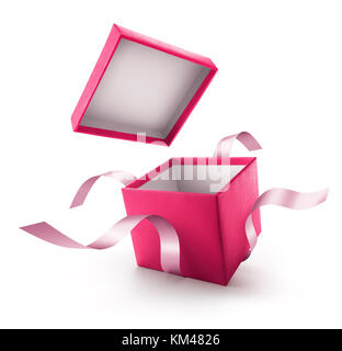 Pink open gift box with ribbon isolated on white background Stock Photo