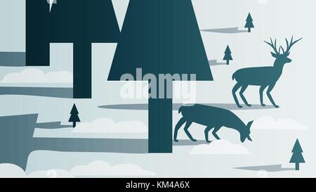 Minimal Winter Forest Scene with Stag - Vector Illustration Stock Vector