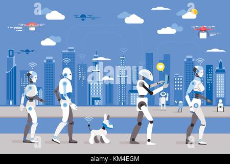 Android robots and a dog robot Walking in a Futuristic City.  Futuristic image of a near future. Android robots fly in the sky. Stock Vector