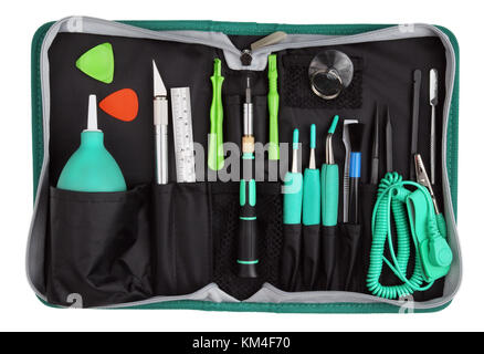 Professional no name toolkit for the small electronic devices repairing. Isolated on white studio shot Stock Photo