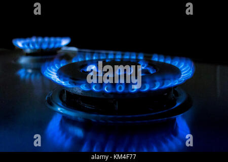 Close up of a blue flame from a Gas hob on a Gas cooker Stock Photo